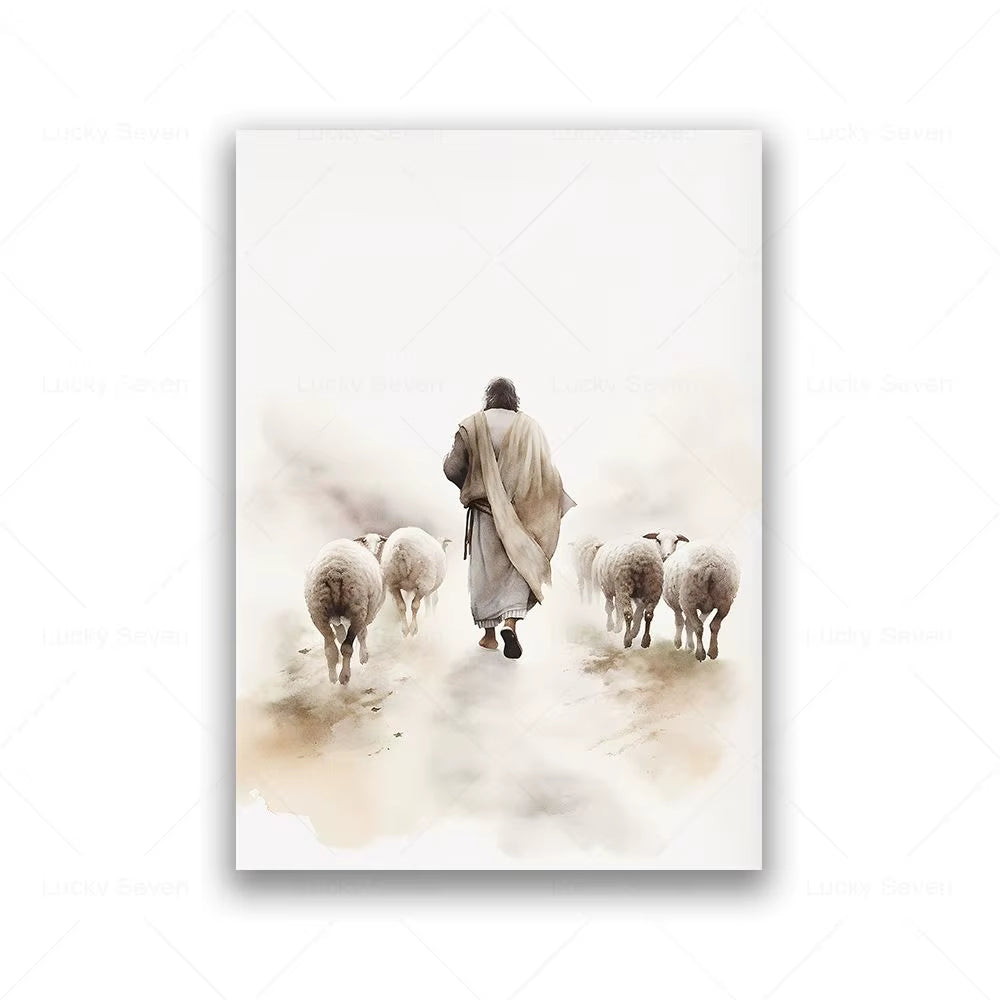 Jesus Boho Art Cnavas Prints Jesus Teaching Child Poster Jesus with Flock of Sheep Christian Watercolor Painting Wall Art Decor