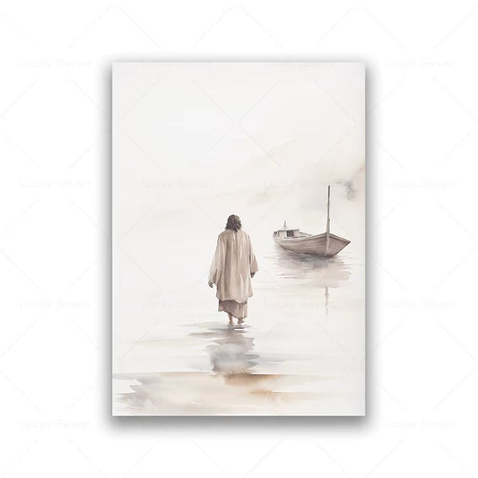 Jesus Boho Art Cnavas Prints Jesus Teaching Child Poster Jesus with Flock of Sheep Christian Watercolor Painting Wall Art Decor