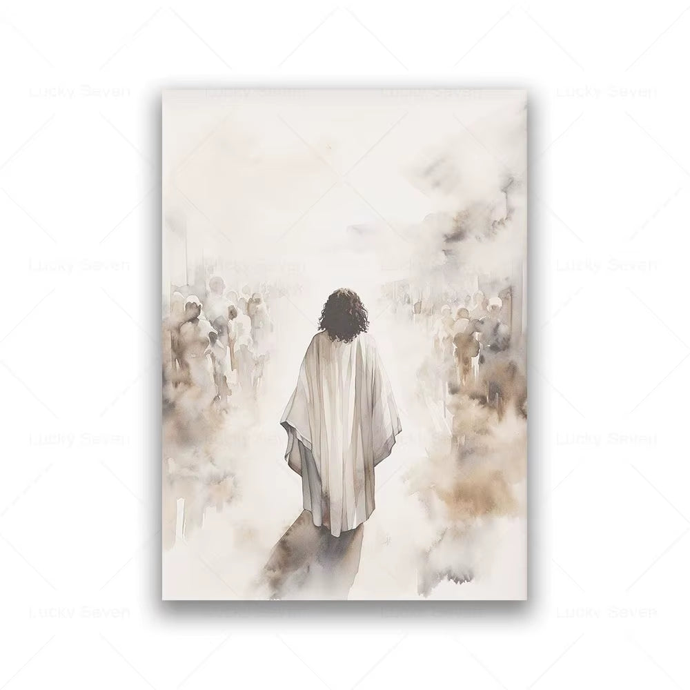 Jesus Boho Art Cnavas Prints Jesus Teaching Child Poster Jesus with Flock of Sheep Christian Watercolor Painting Wall Art Decor