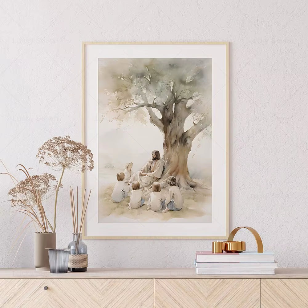 Jesus Boho Art Cnavas Prints Jesus Teaching Child Poster Jesus with Flock of Sheep Christian Watercolor Painting Wall Art Decor