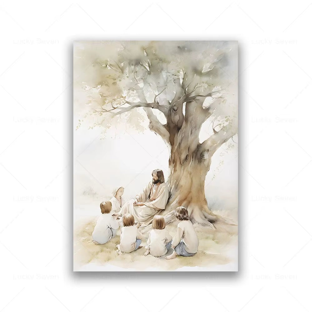 Jesus Boho Art Cnavas Prints Jesus Teaching Child Poster Jesus with Flock of Sheep Christian Watercolor Painting Wall Art Decor