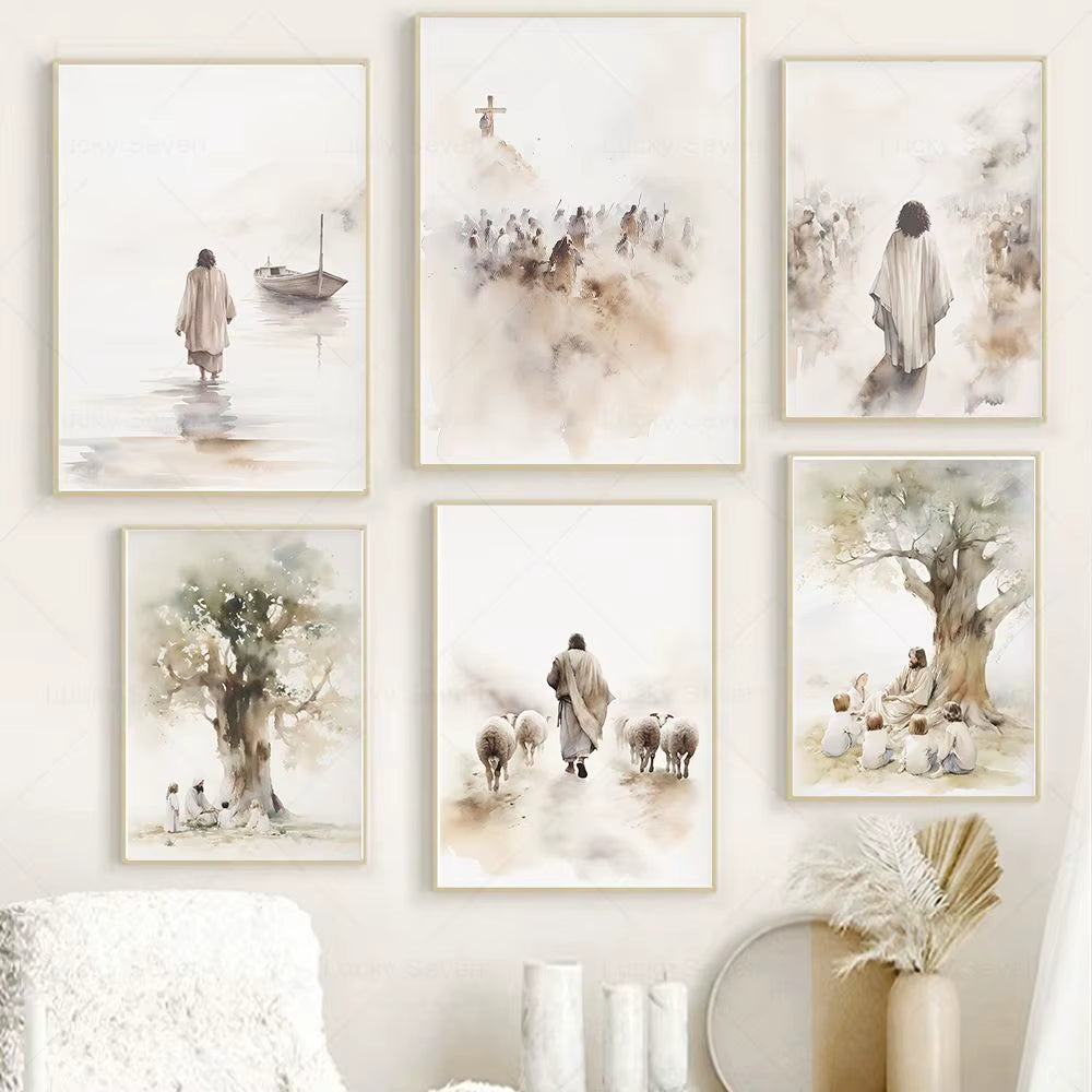 Jesus Boho Art Cnavas Prints Jesus Teaching Child Poster Jesus with Flock of Sheep Christian Watercolor Painting Wall Art Decor