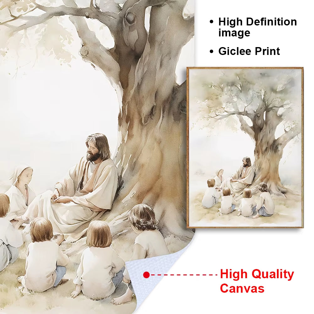 Jesus Boho Art Cnavas Prints Jesus Teaching Child Poster Jesus with Flock of Sheep Christian Watercolor Painting Wall Art Decor